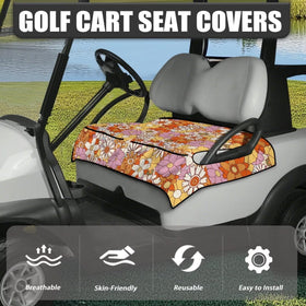 Generic Hippie Flowers seat cover installed on a Club Car demonstrates universal fit.