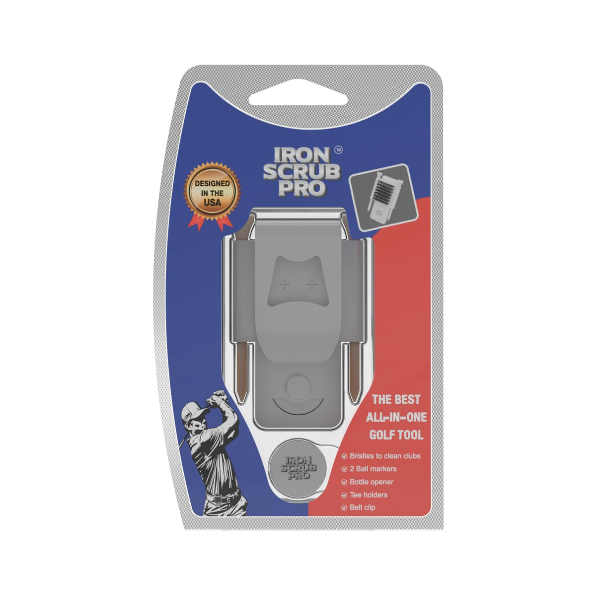 Iron Scrub Pro magnetic ball marker attaches securely to your bag.