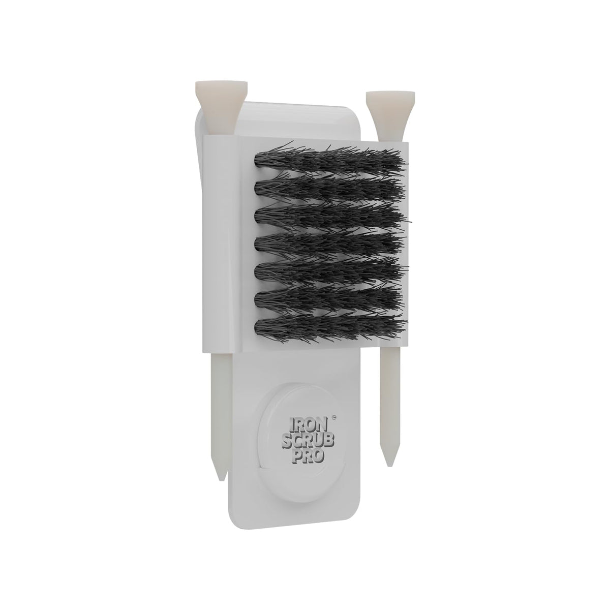 Iron Scrub Pro brush cleans grooves for improved club consistency.