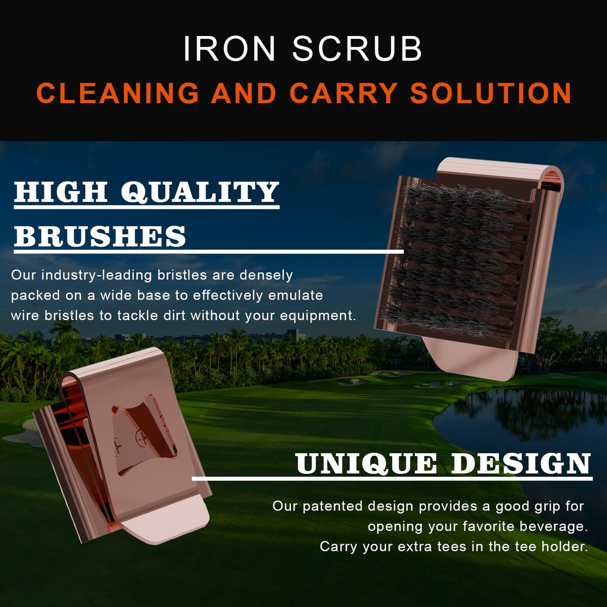 Generic Iron Scrub Pro golf bag attachment stays handy during rounds.