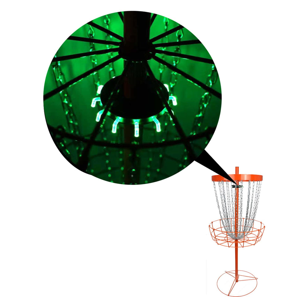 Generic rechargeable LED disc golf basket light mounted on a basket for night practice