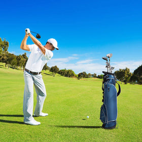 Generic Salches golf stand bag blue in-use, ready for travel and practice