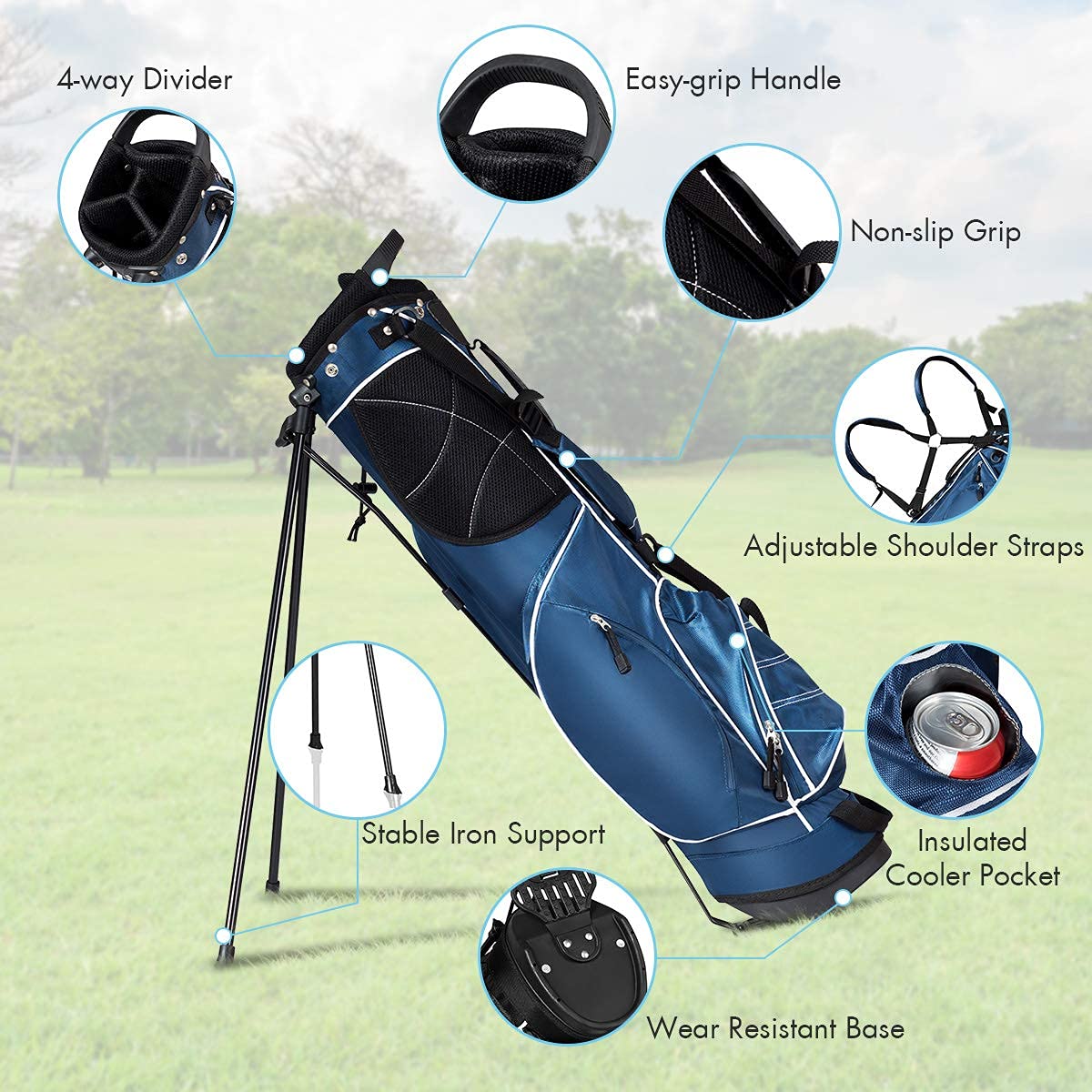 Generic Salches golf stand bag top view, organized layout