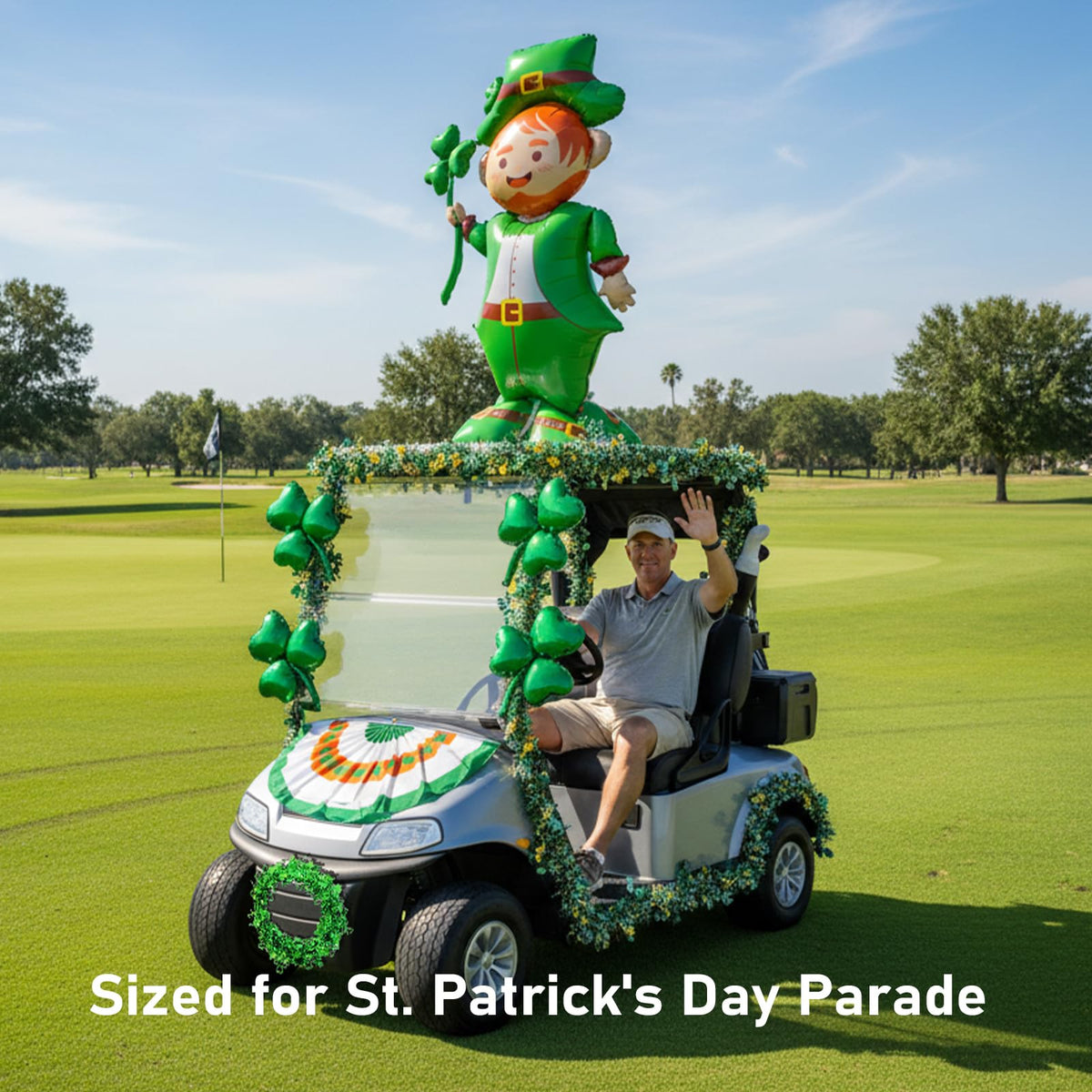 Generic St Patrick s Day golf cart LUCK balloons provide eye catching accents