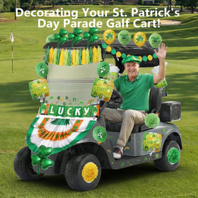 Generic St Patrick's golf cart decor bunting and flags create motion and charm