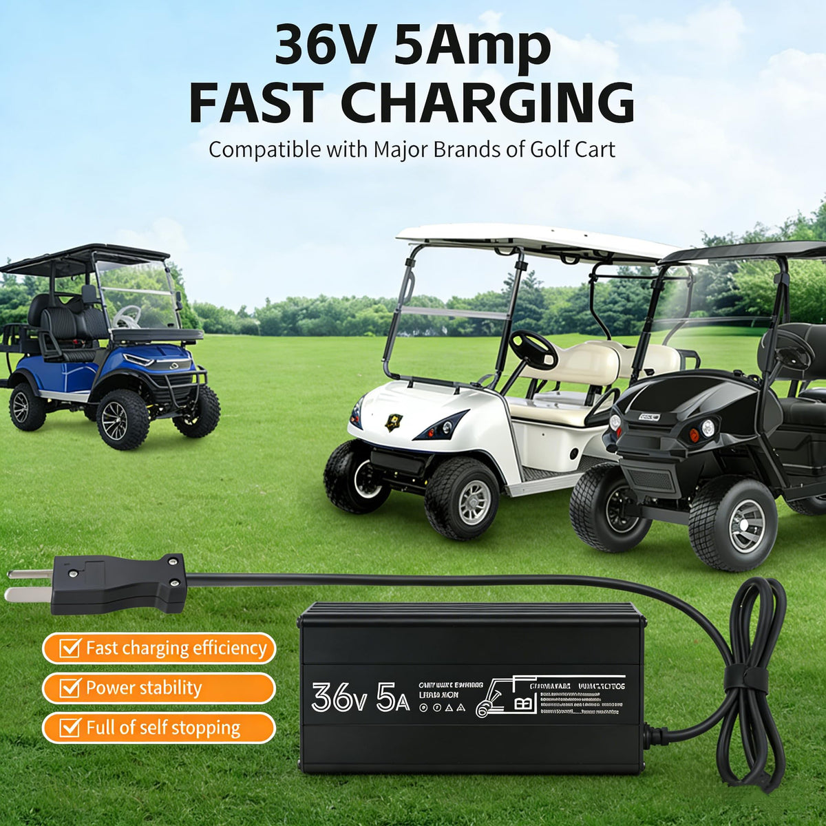 Crowfoot connector compatibility ensures secure connections with most 36V carts.