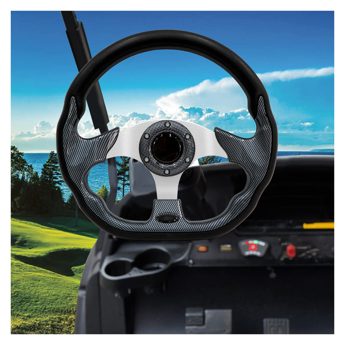 Generic golf cart steering wheel carbon fiber texture communicates durability and modern style.