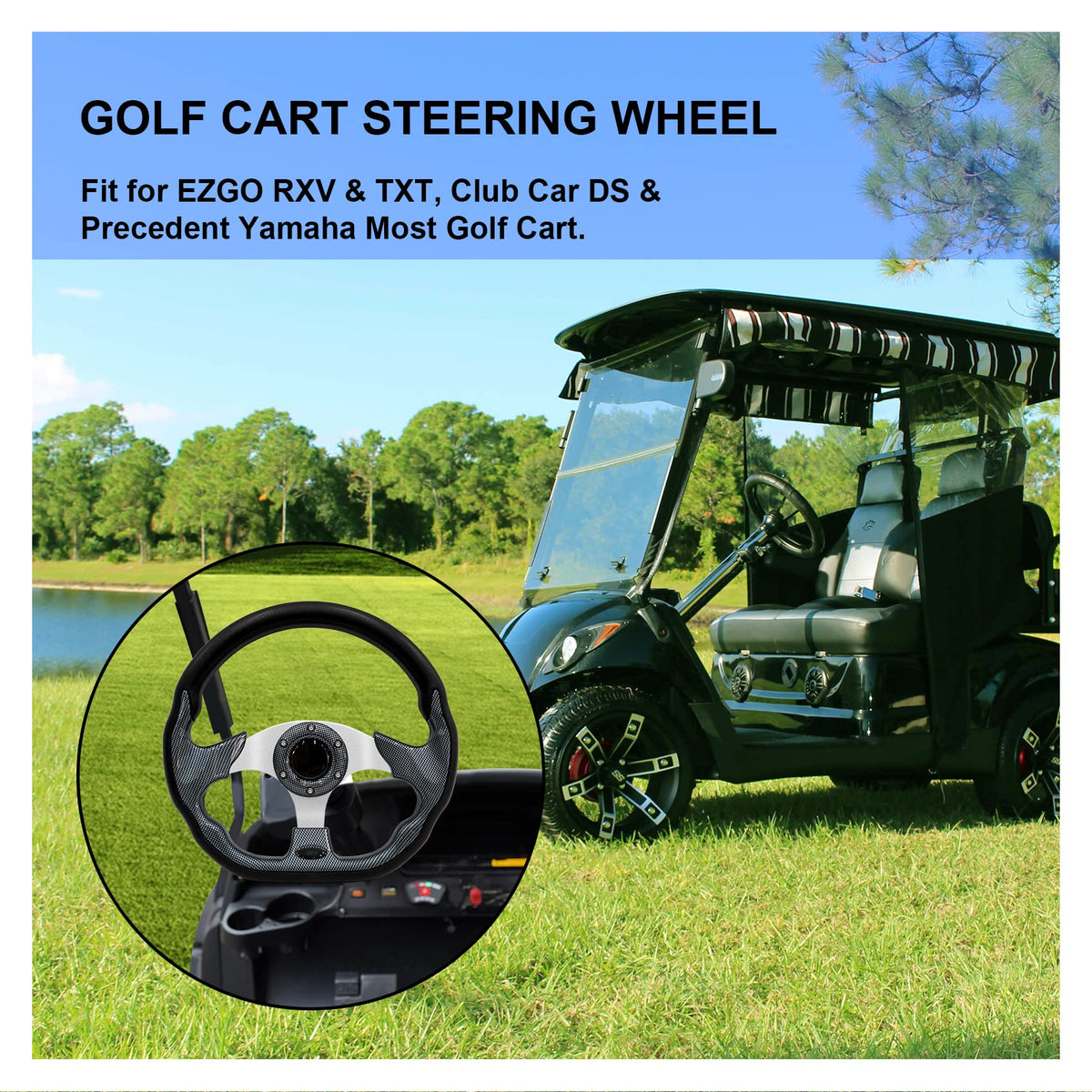 Generic steering wheel with ergonomic palm-fit enhances driving comfort.