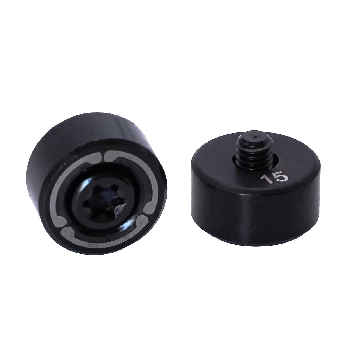 Two-part weight assembly with black circle and screw for easy replacement