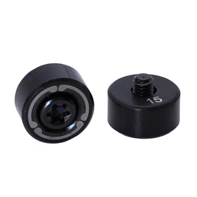 Two-part weight assembly with black circle and screw for easy replacement