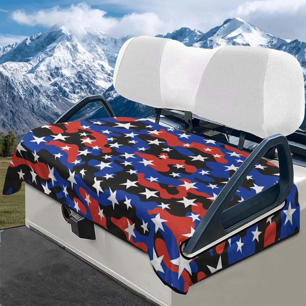 Generic waterproof golf cart seat covers in blue and red camo stars provide winter warmth.