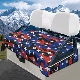 Generic waterproof golf cart seat covers in blue and red camo stars provide winter warmth.