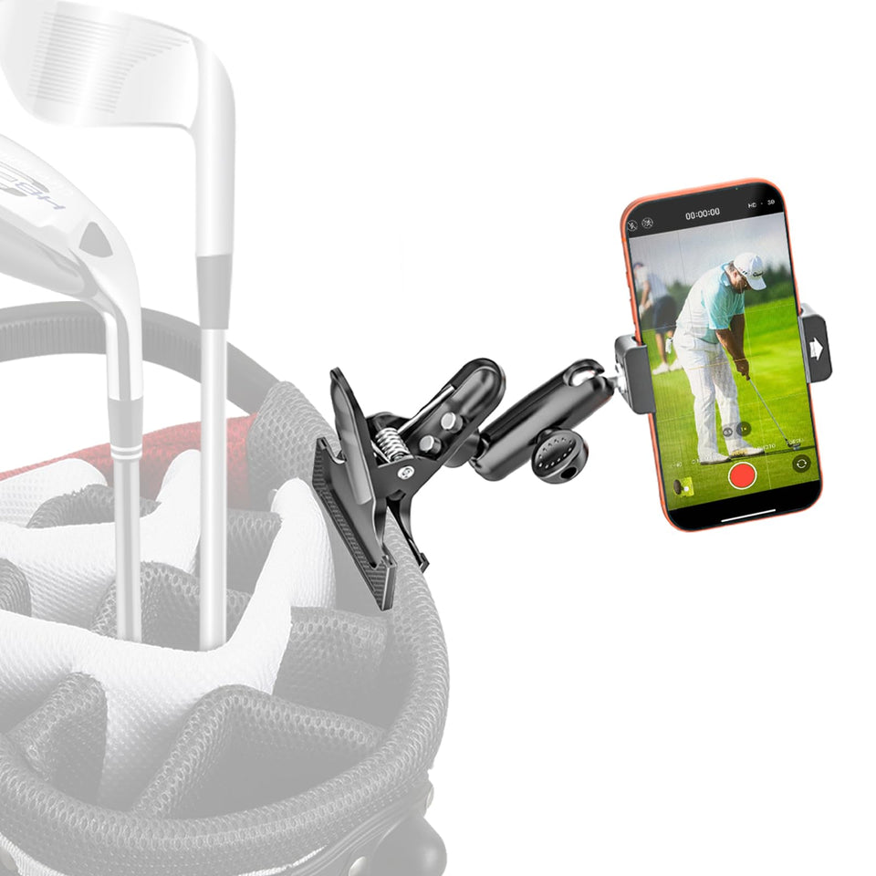 Generic Wukanleng golf bag phone holder base clamp secures device on cart edge for easy viewing.