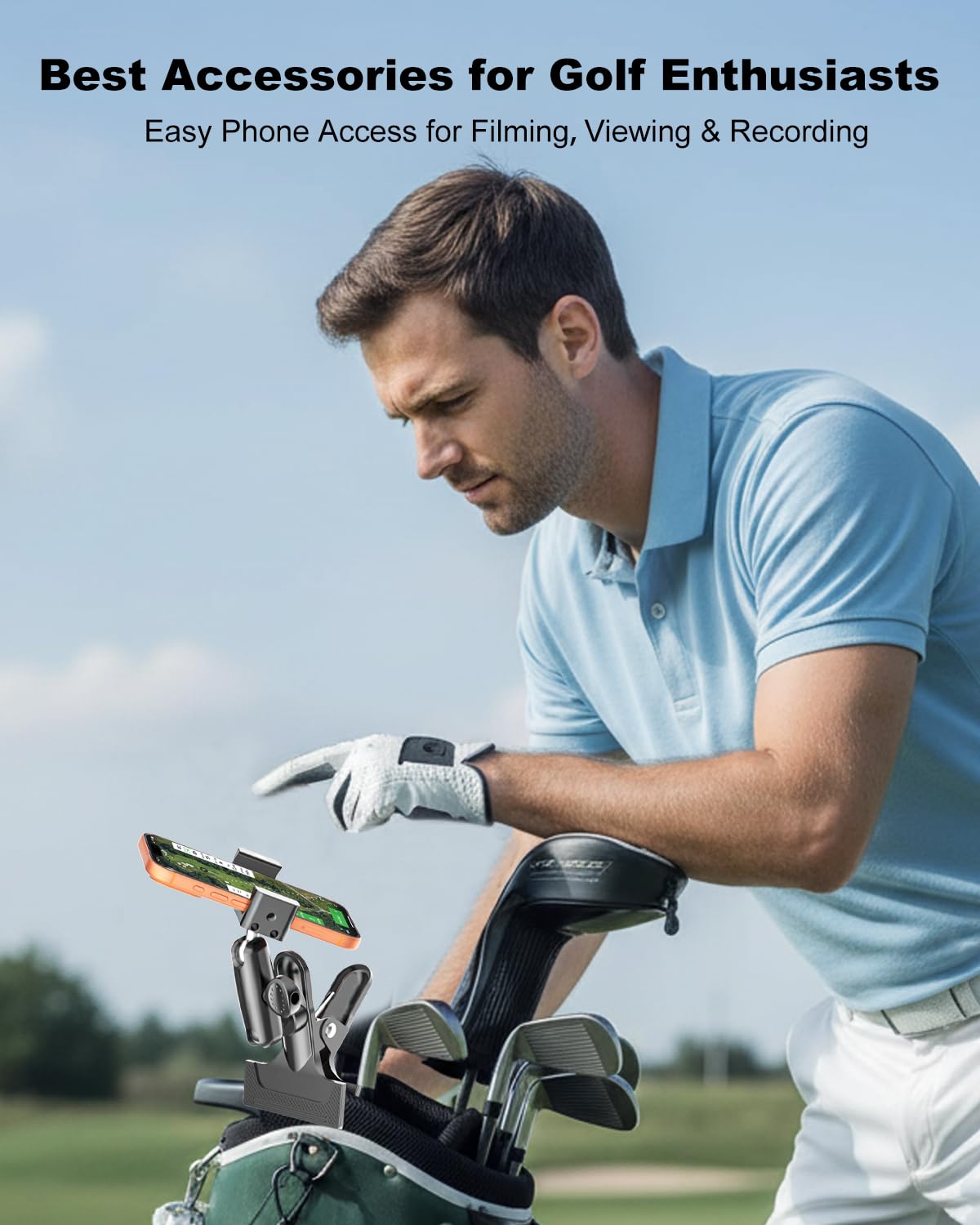 Generic Wukanleng phone clamp with 360° arm offers flexible hands-free swing analysis.