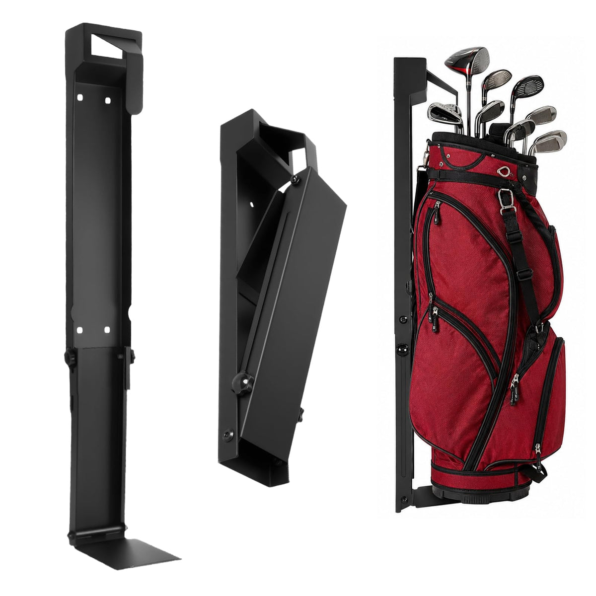 Genisai wall-mount golf bag stand with adjustable arms keeps bags organized