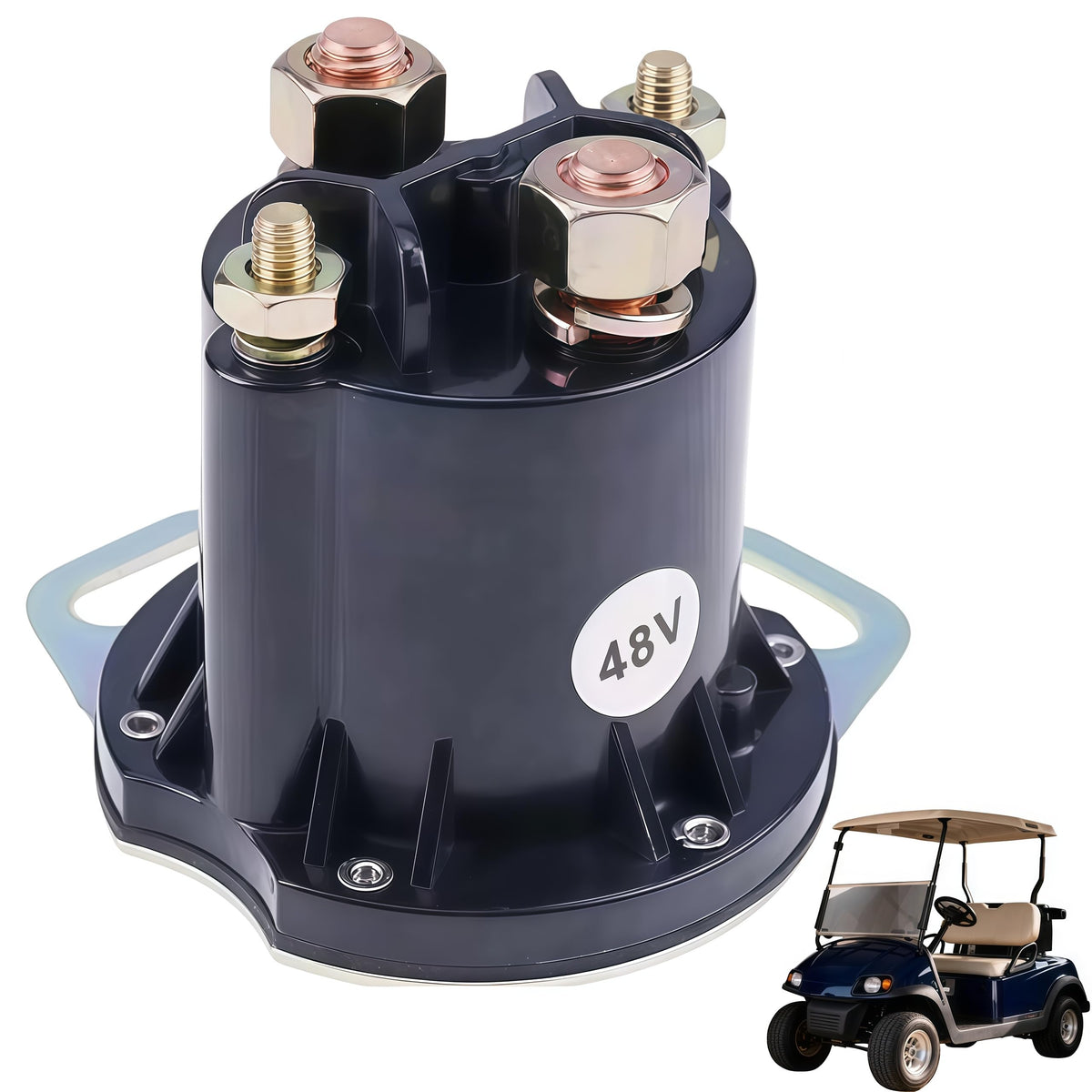 GENOUR 48V solenoid front view with weatherproof housing for EZGO RXV reliability.