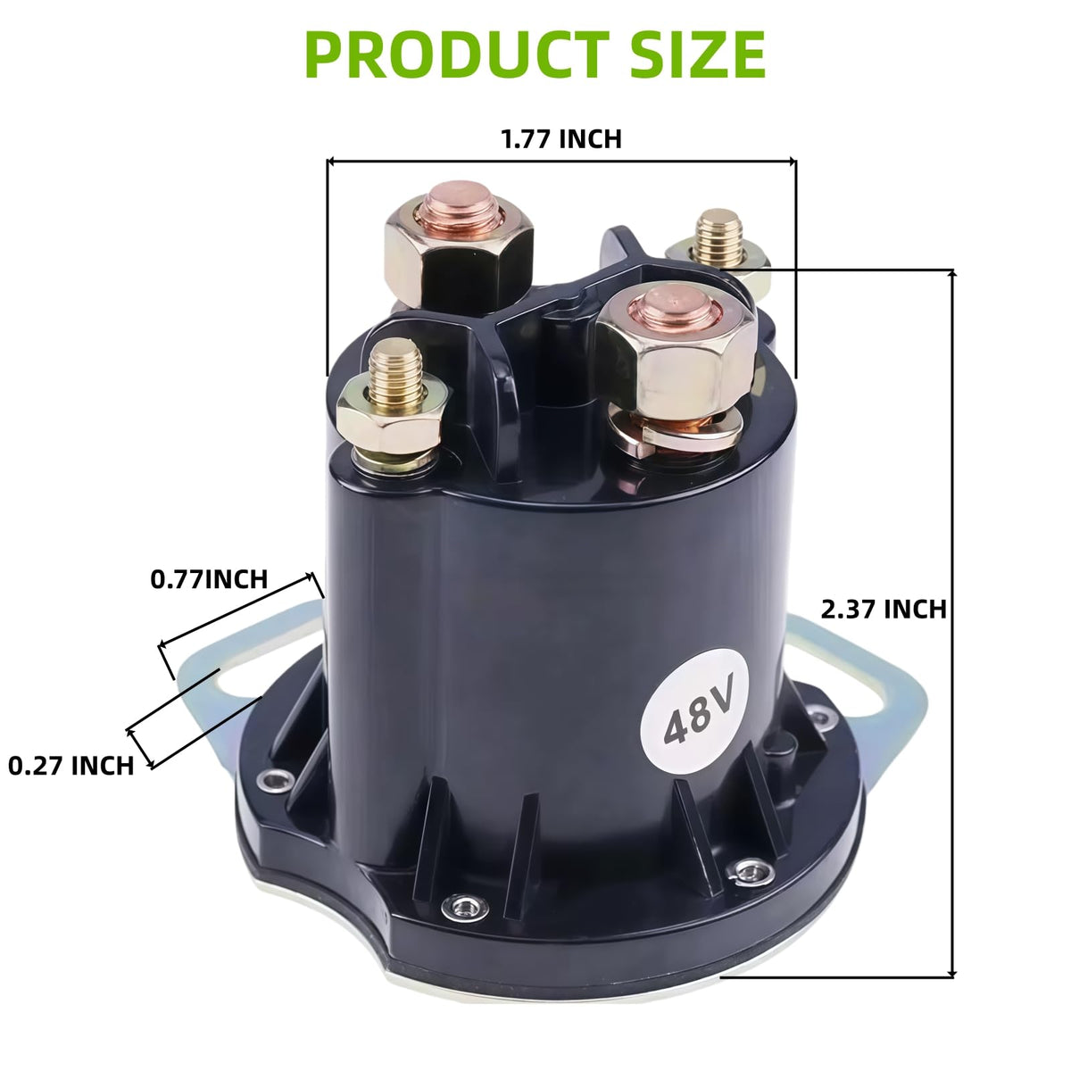 GENOUR 48V solenoid side view highlights rugged build for all-weather golf use.