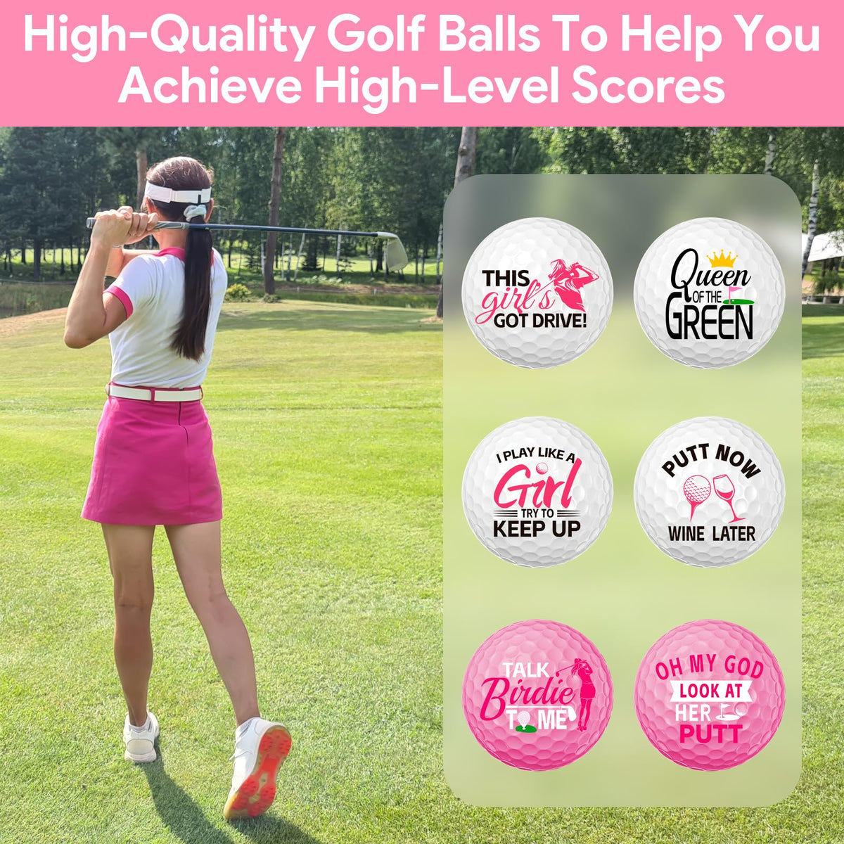 GENZYRE women golfer on course using pink balls