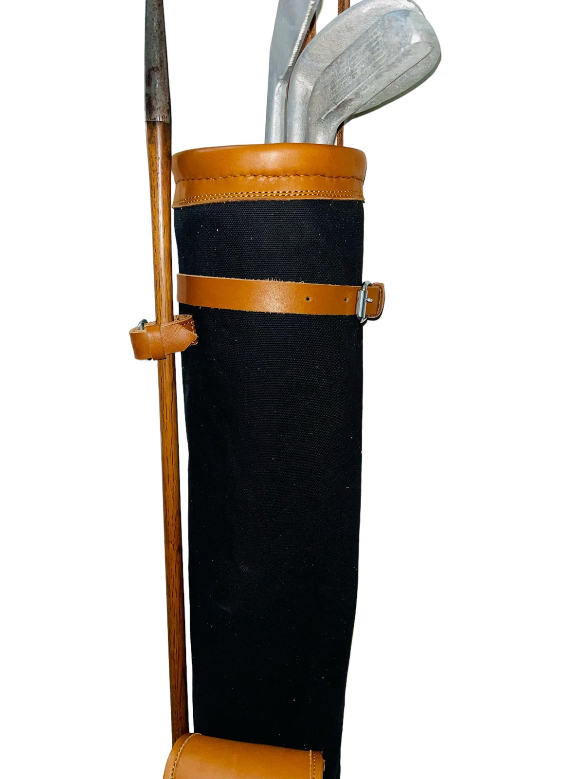 Geoffrey golf bag side view highlighting sturdy leather strap