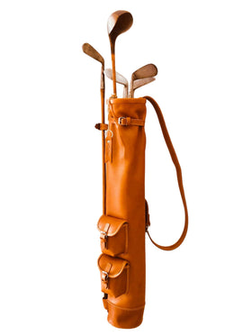 Geoffrey vintage tan leather golf bag front view with two pockets for easy access.