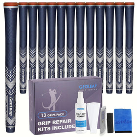 Geoleap golf grips 13-pack with tapes and solvent boosts traction during swing.