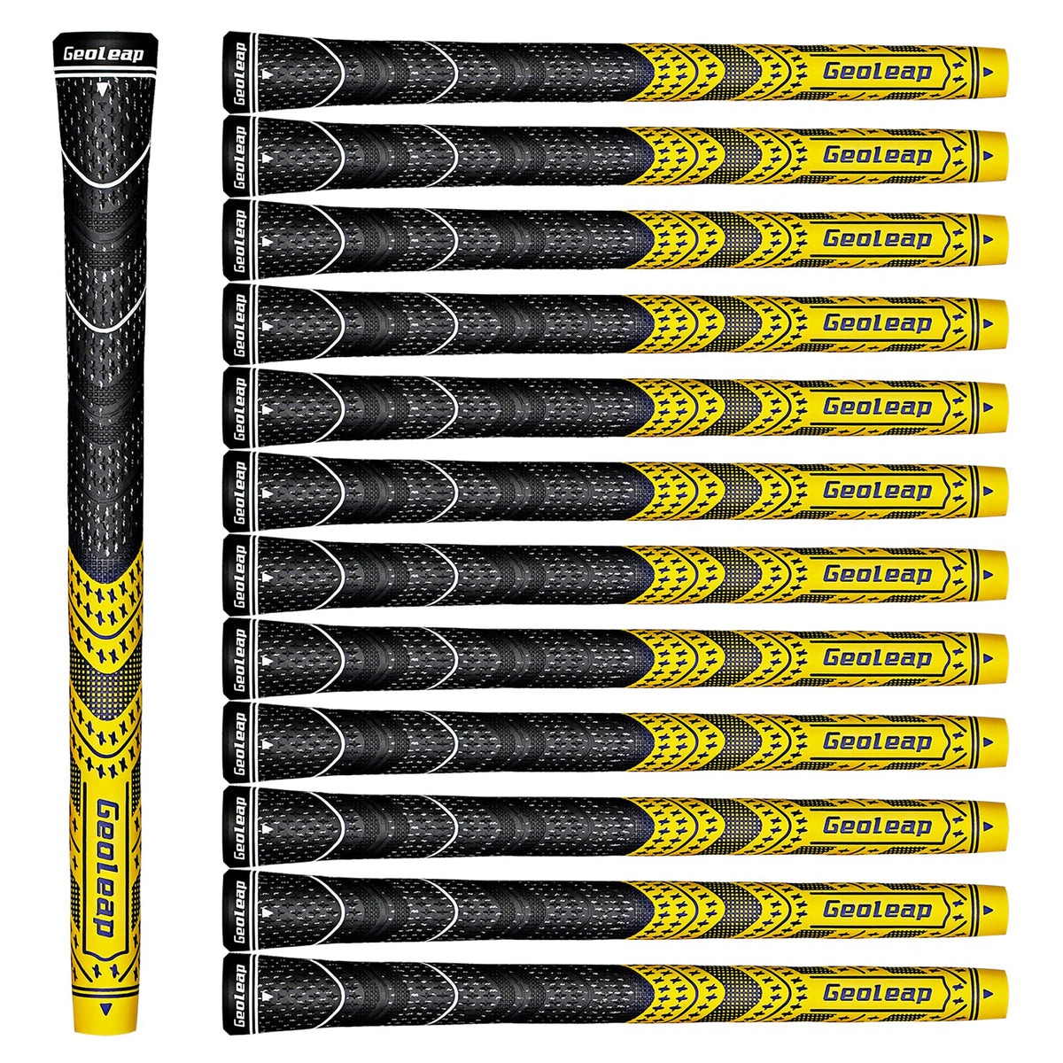 Geoleap golf grips 13-piece set in yellow midsize showing hybrid material for steady traction.