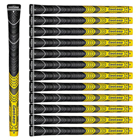 Geoleap golf grips 13-piece set in yellow midsize showing hybrid material for steady traction.