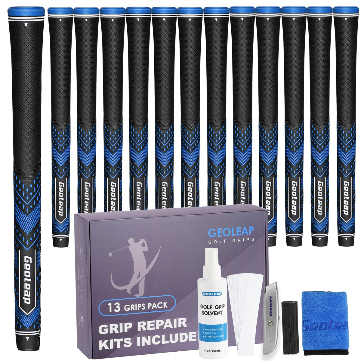Geoleap golf grips 13-set pack shot showing complete grip upgrade for better control