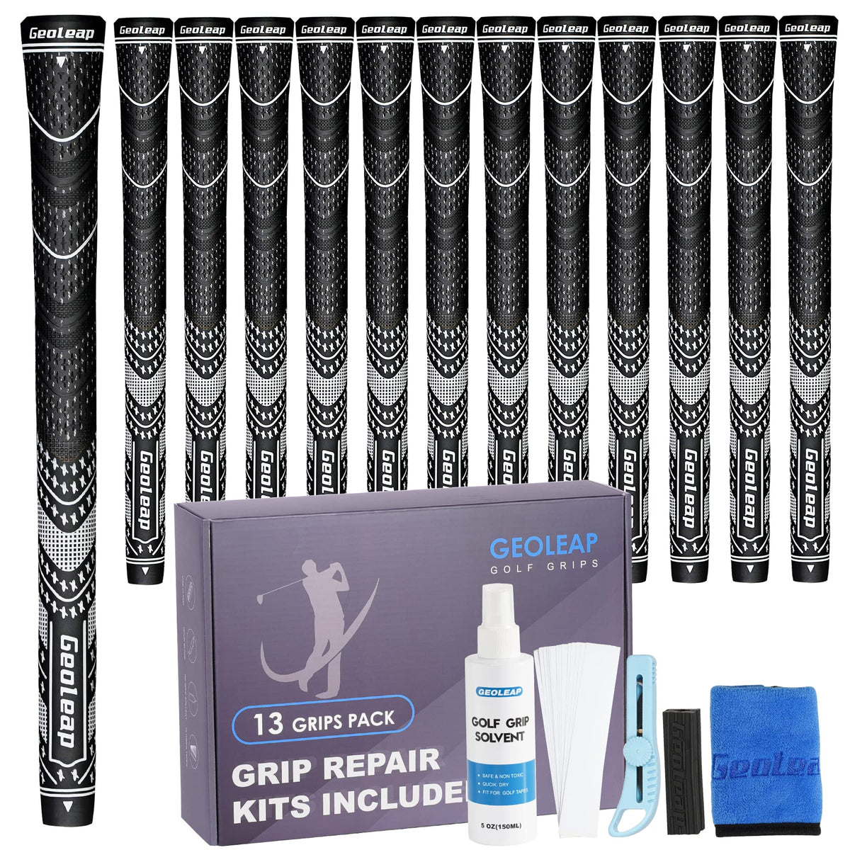 Geoleap golf-grips-13-set with repair kit for easy DIY regripping and replacement.
