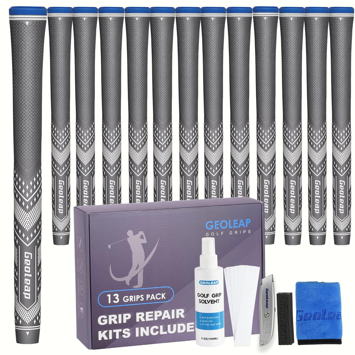 Geoleap golf grips 13-pack with reduced taper for smoother swing and control.