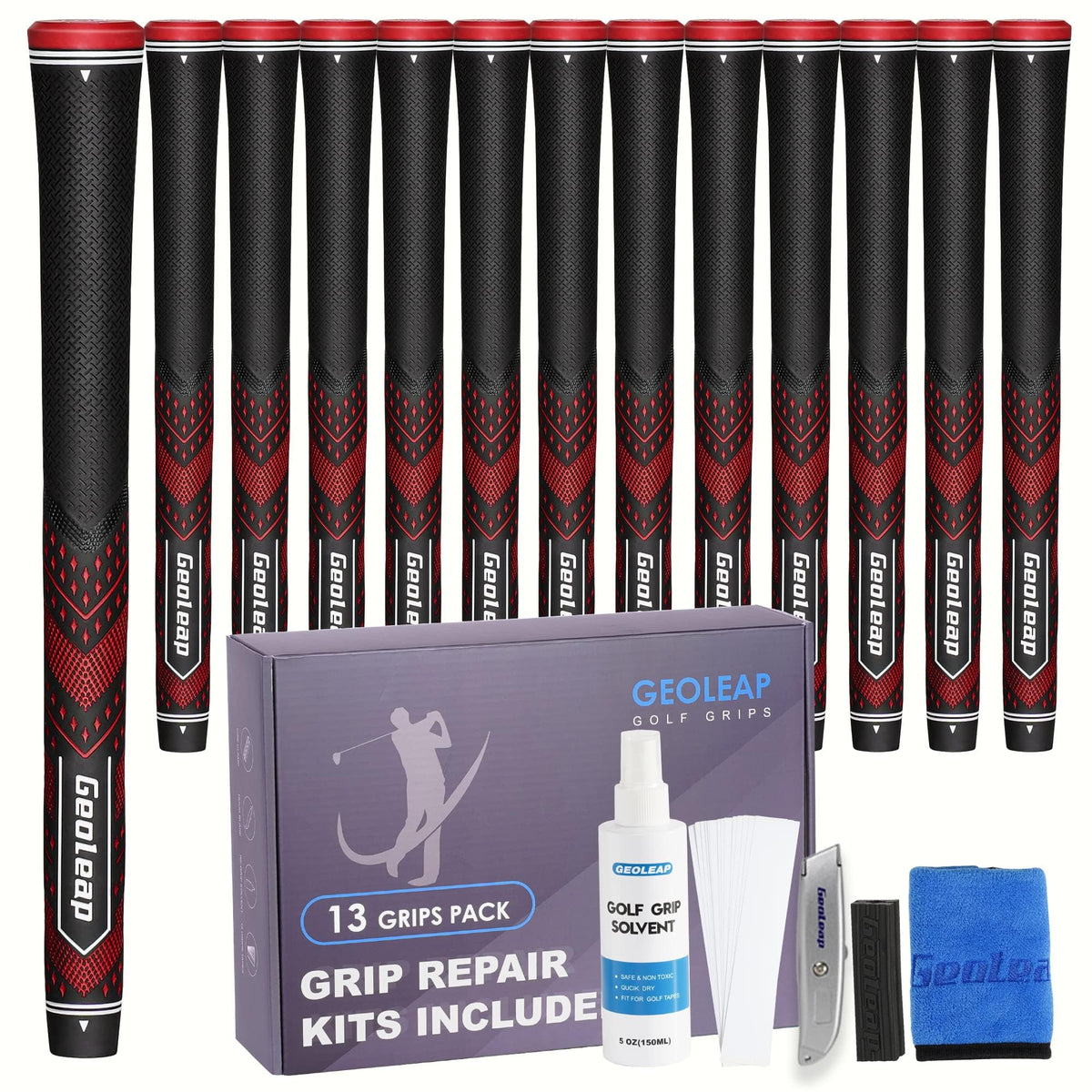 Geoleap golf grips set of 13 with soft reduced-taper design for improved traction.