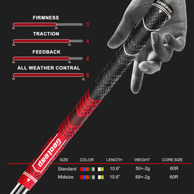 Geoleap grips with 0.600 inch core and 10.60 inch length for balanced feel in red