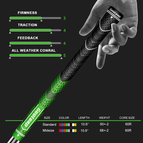 Geoleap golf grips green midsize packaging view emphasizes all-weather performance