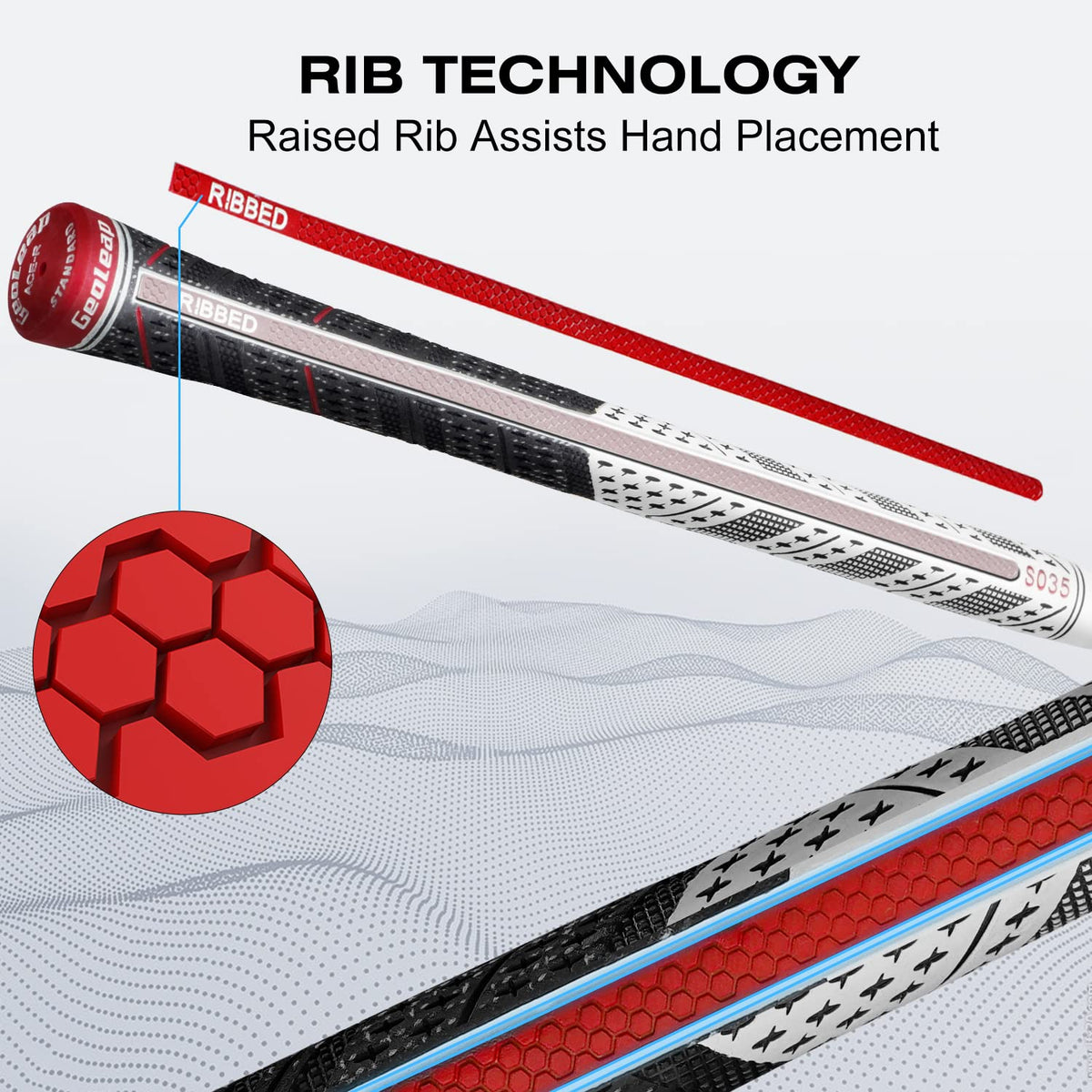 Geoleap golf grips multi-compound material close-up with anti-slip feel.