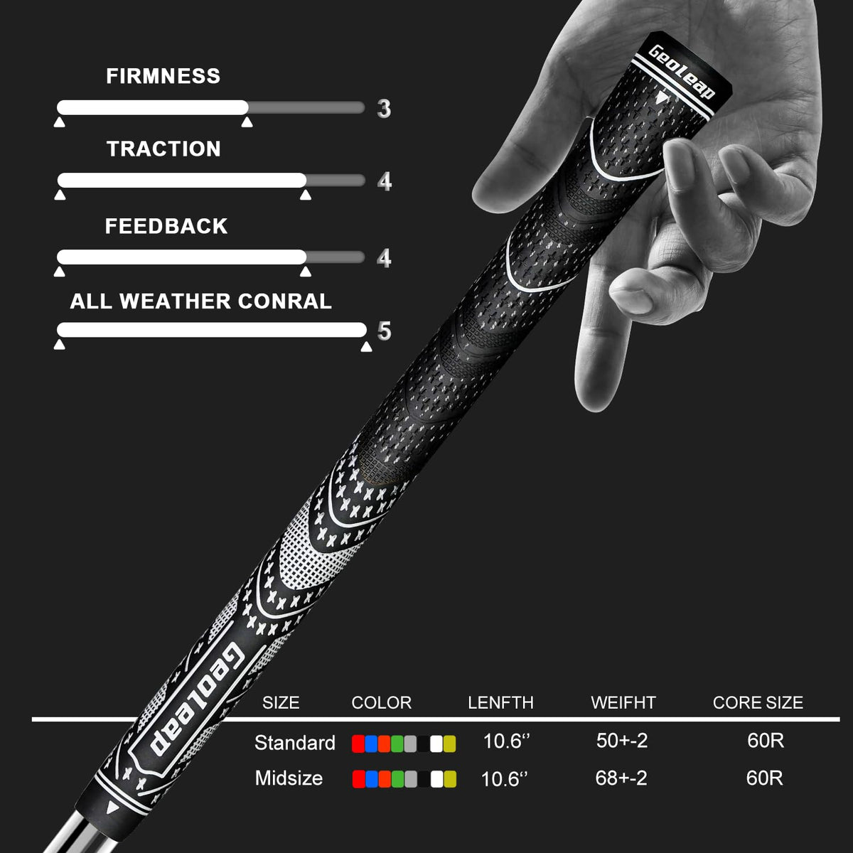 Geoleap golf grips set 13 standard midsize core fits most clubs.