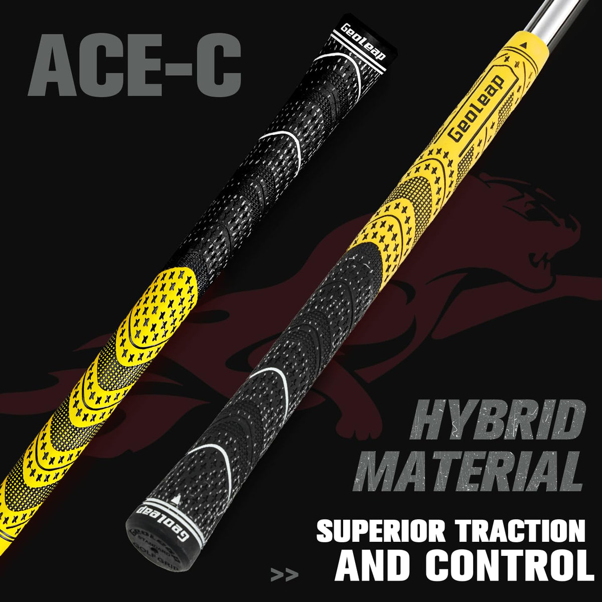 Geoleap micro-texture close-up on yellow grip improves traction and comfort.