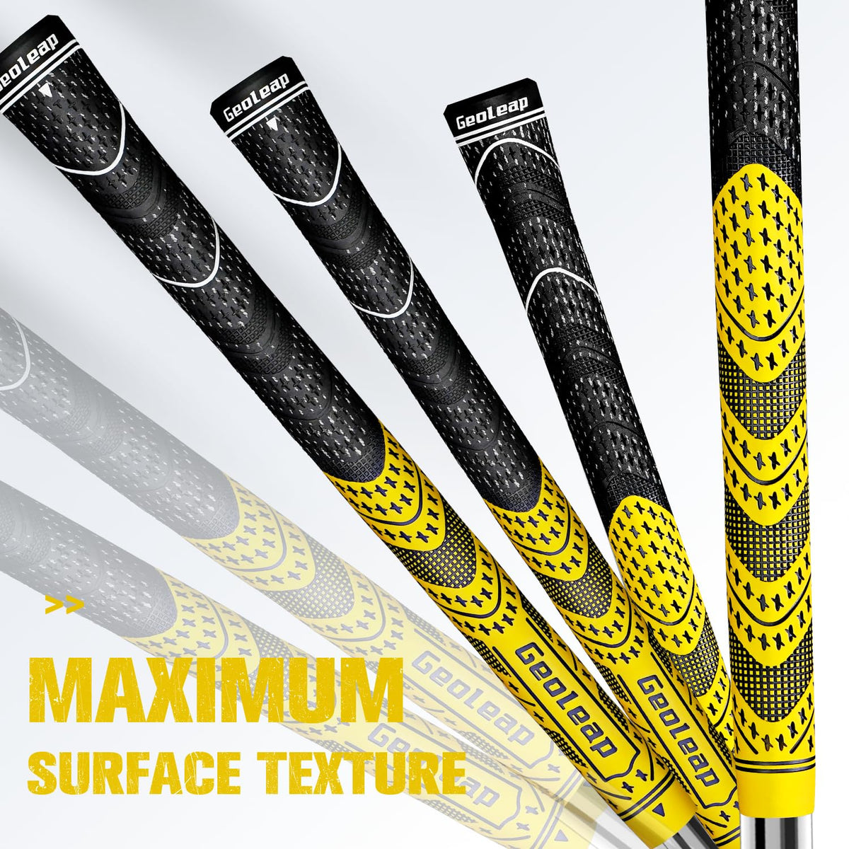 Geoleap grips mounted on a club with yellow color for on-course visibility.
