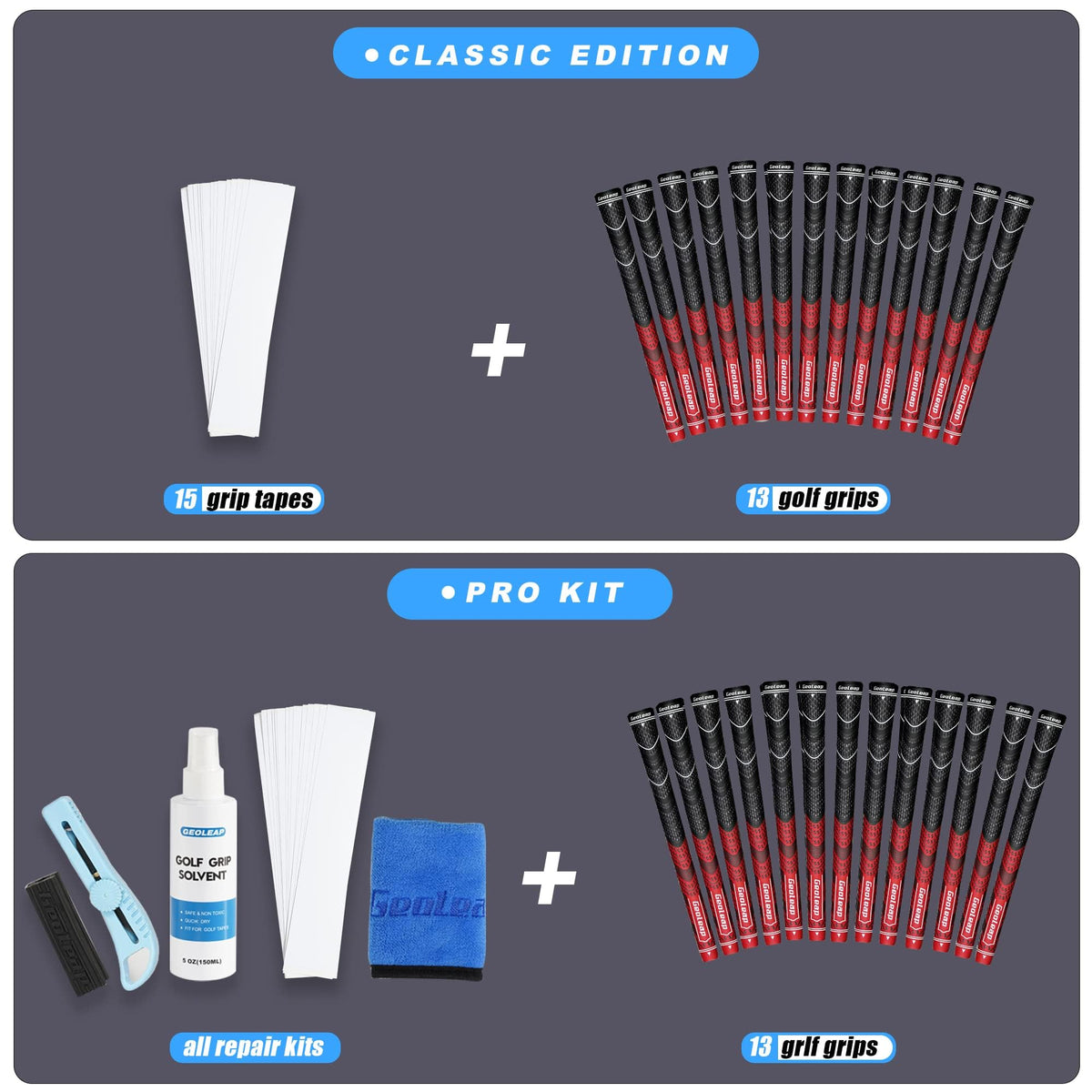 Geoleap grips available in standard to jumbo sizes for clubs