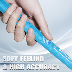 Geoleap golf grips with thumb-pattern design for improved grip feel and feedback.