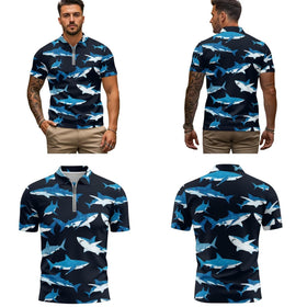 GETELINSENG Ocean Shark Print Polo - close-up fabric texture and moisture-wicking feel.