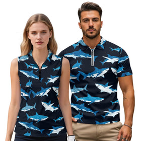GETELINSENG Ocean Shark Print Polo - front view for golf and fitness.