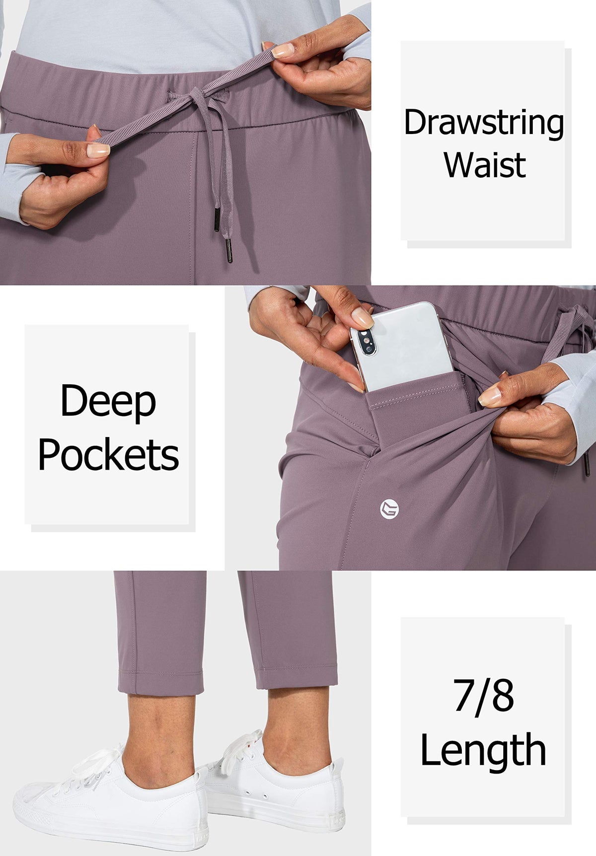 G Gradual stretch fabric made of polyamide and elastane supports soft, flexible movement.