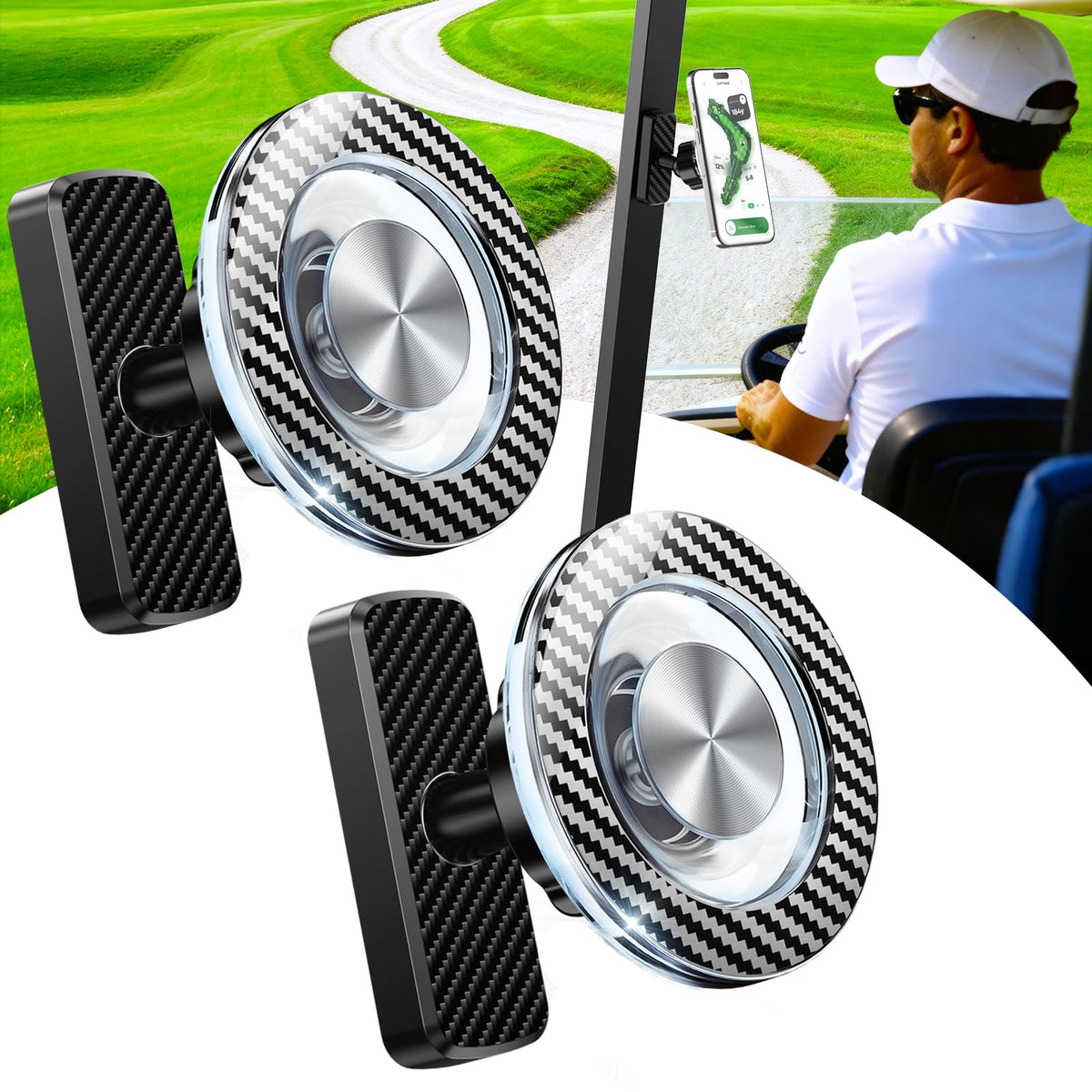 GiantHope magnetic golf cart phone holder on cart demonstrates hands-free GPS use.