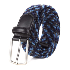Giantsize braided elastic belt for big-and-tall wear, showing versatile styling with pants.