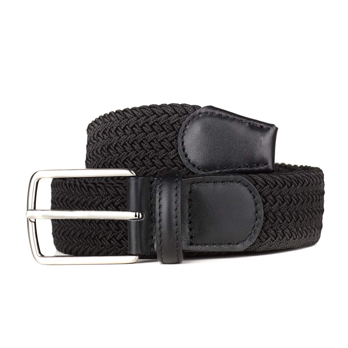 Giantsize extra-long braided stretch belt with black buckle for flexible, comfortable waist fitting.