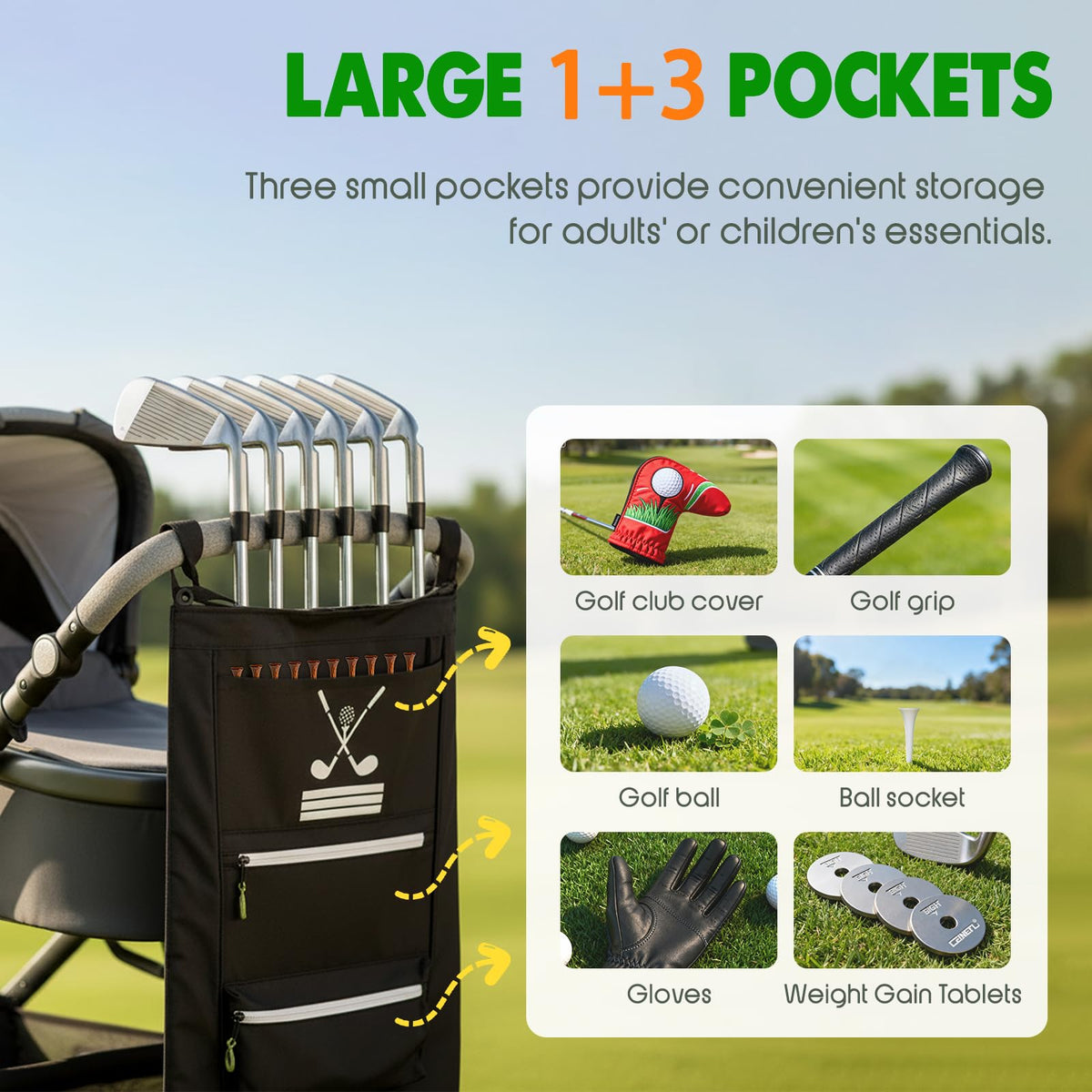 GIASSVIO stroller golf caddy showing main pocket and three smaller pockets for essentials.
