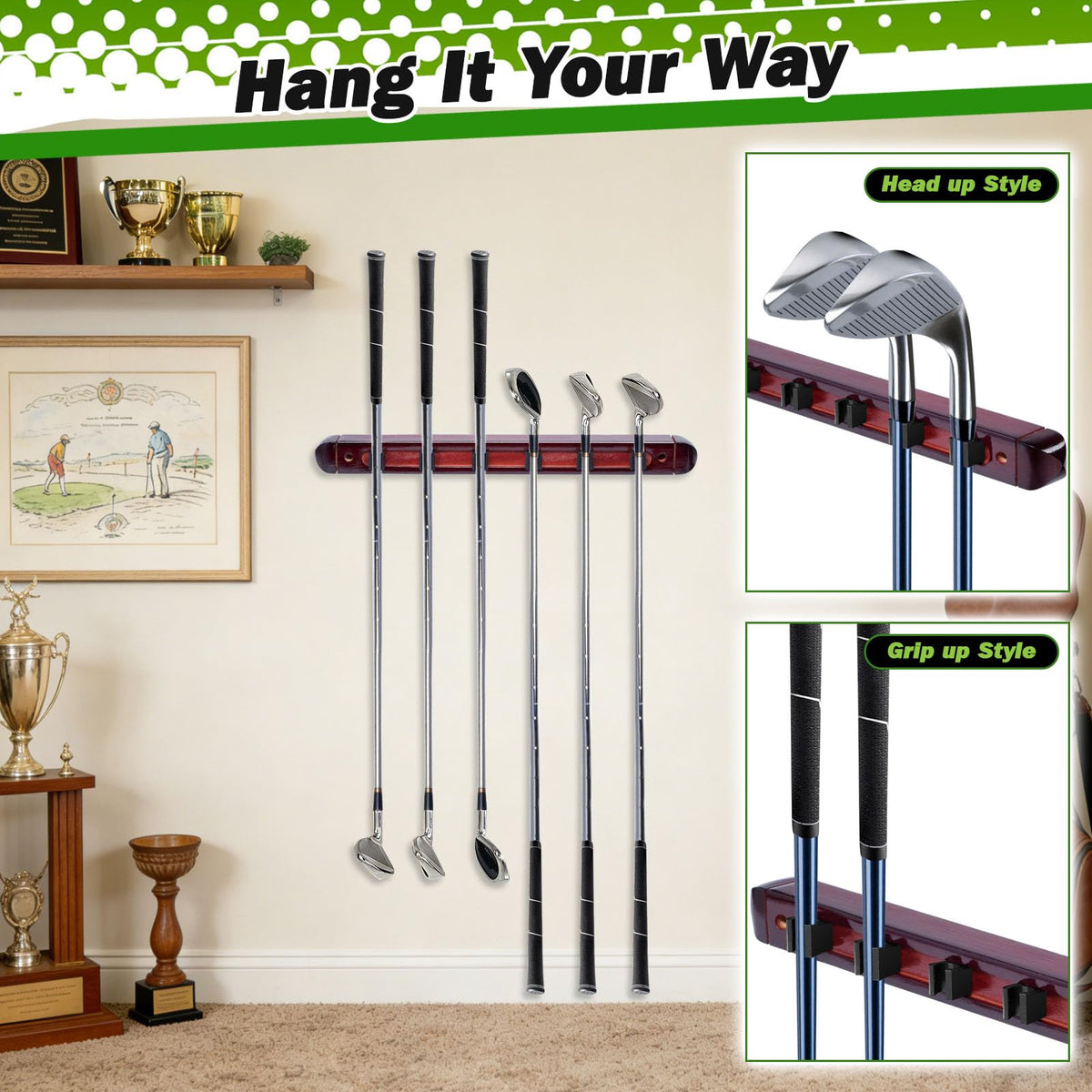 Giltiil six-clip golf club holder secures putters and wedges.