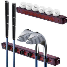Giltiil wall-mounted golf club display rack with six clips for secure organization.