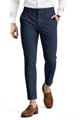 GINGTTO men's slim-fit chino in dark blue, front view showing sleek silhouette for a professional look