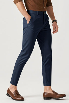 GINGTTO men's slim-fit chino in dark blue, side pocket view highlighting practical storage